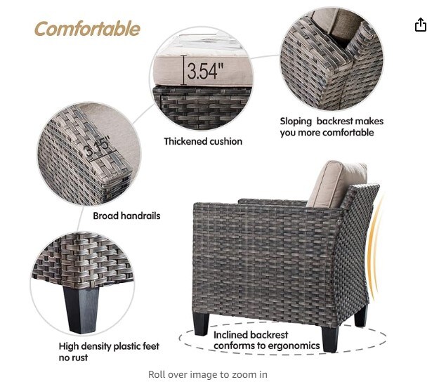 Patio Furniture Set: 4 Piece Wicker Rattan Conversation Set for Yard Porch with Loveseat Chairs, Coffee Table, and High Back Couch for All Weather. Color: Beige