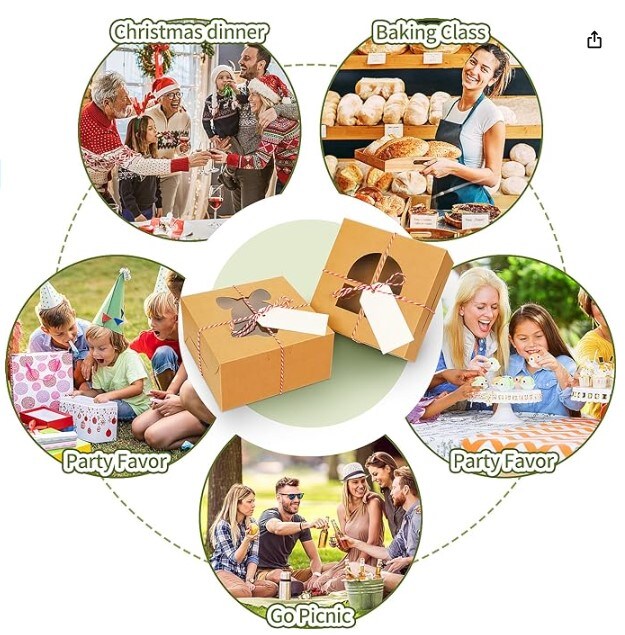 24 PCS Brown Bakery Boxes with Window, 6x6x3 Inch Gift Giving Christmas Cookie Boxes, 6 Inch Small Treat Boxes for Mini Cake Pastry Dessert Strawberries Cupcakes Donut Candy Packaging