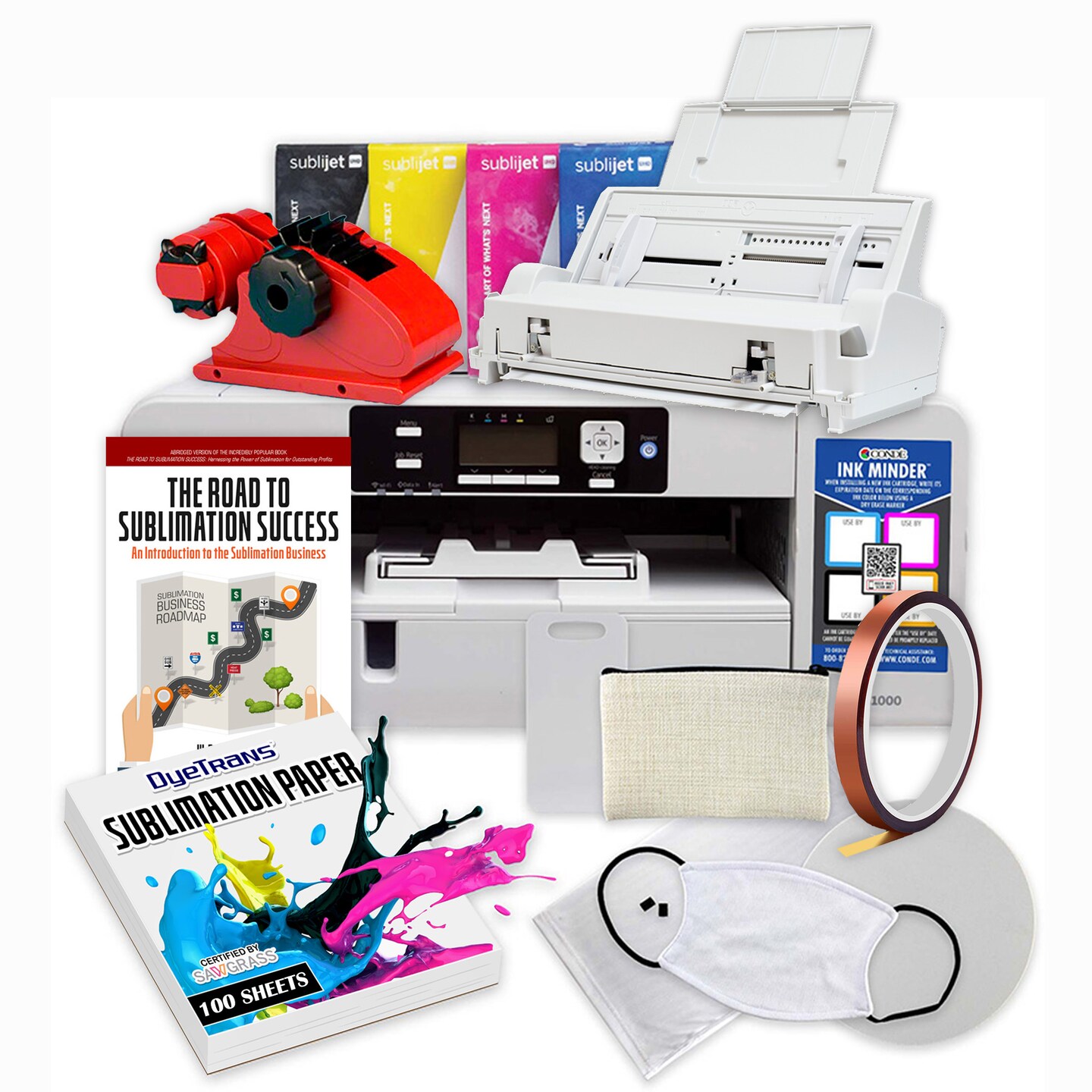 Sawgrass SG1000 Sublimation Printer with Choice of SubliJet UHD Install Kit. Bundle for Sublimation Blank Printing. Includes Samples, Subli Ink, Bypass Tray, Heat Tape & Dispenser, Beginners Guide, & Paper.