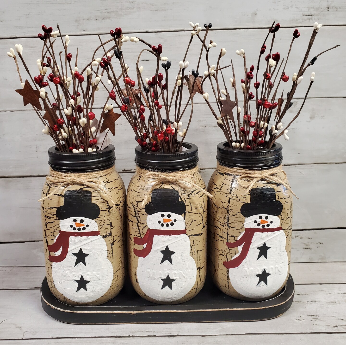 Primitive Crackle Painted w/ Star Mason Jar 5pc Bathroom Set, Choice Color, Top, outlet Pip Berries