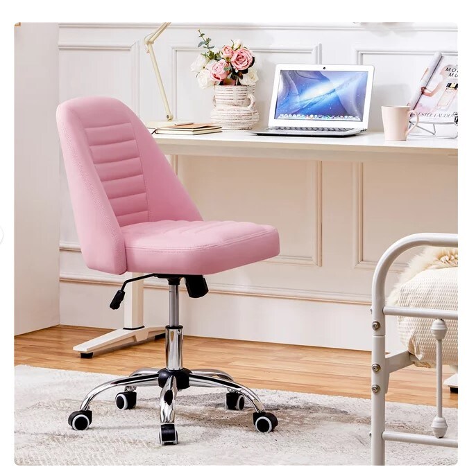 Pink Modern Armless Desk Chair with Tufted Faux Leather for Home Office