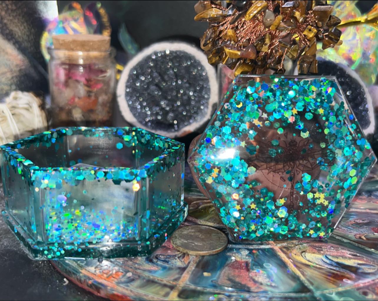 Dragonfly octagon trinket box handmade teal glittery shiny gifts jewelry box  wishing box