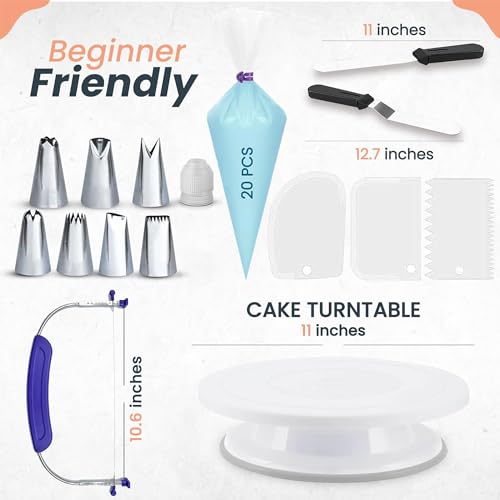 RFAQK 35PCs Cake Turntable and Leveler-Rotating Cake Stand with Non Slip pad-7 Icing Tips and 20 Bags- Straight &#x26; Offset Spatula-3 Scraper Set -EBook-Cake Decorating Supplies Kit -Baking Tools