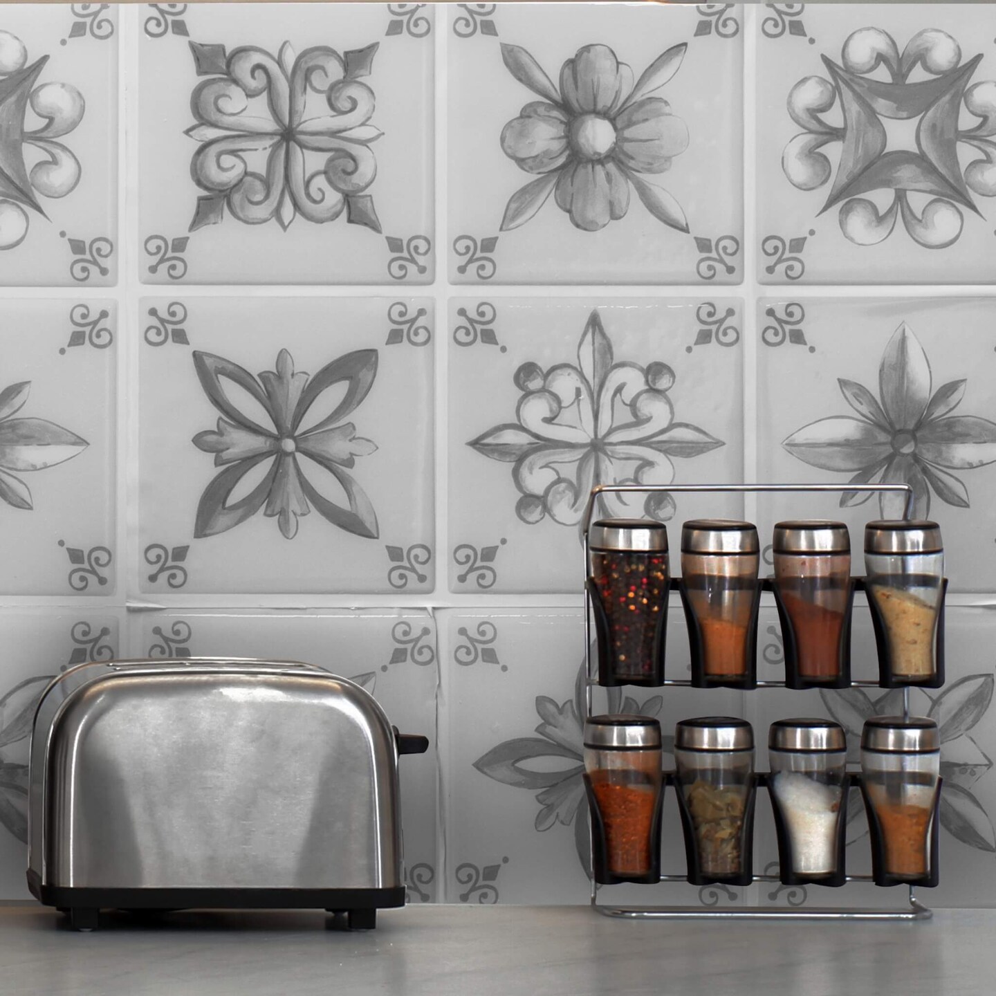 4-Pack Peel and Stick Tiles 10.5&#x22; x 10.5&#x22; Painted Floral Mosaic Print. Covers 3.06 Sq. Ft