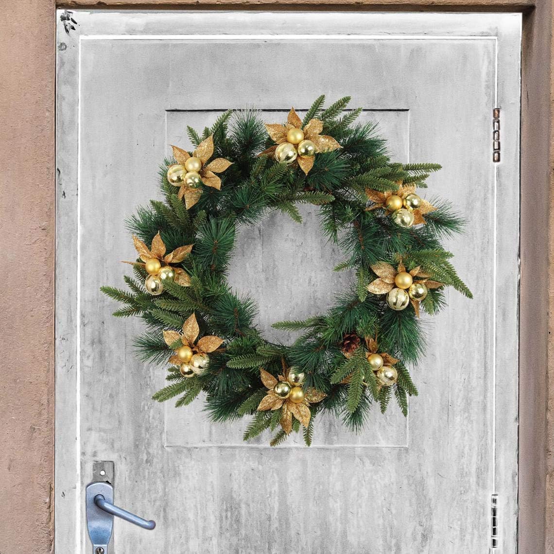 Set of 12: Sparkling Gold Glitter Poinsettia Flower Picks with 3 Ornament Balls | Festive Holiday Accents | Trees, Wreaths, &#x26; Garlands | Christmas Picks | Home &#x26; Office Decor - 2024 Christmas Collection, Floral Home by Artificial Flowers