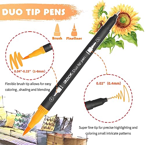 Duo Tip Brush Coloring Pens,60 Colors Art Markers,Fine &#x26; Brush Tip Pen for Adults Coloring Book Journals Planner Writing Drawing Note Taking, Include Brush Lettering Calligraphy