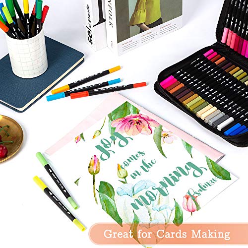 Art Markers Dual Brush Pens for Coloring, 60 Artist Colored Marker Set, Fine and Brush Tip Pen Art Supplier for Kids Adult Coloring Books, Bullet Journaling, Drawing