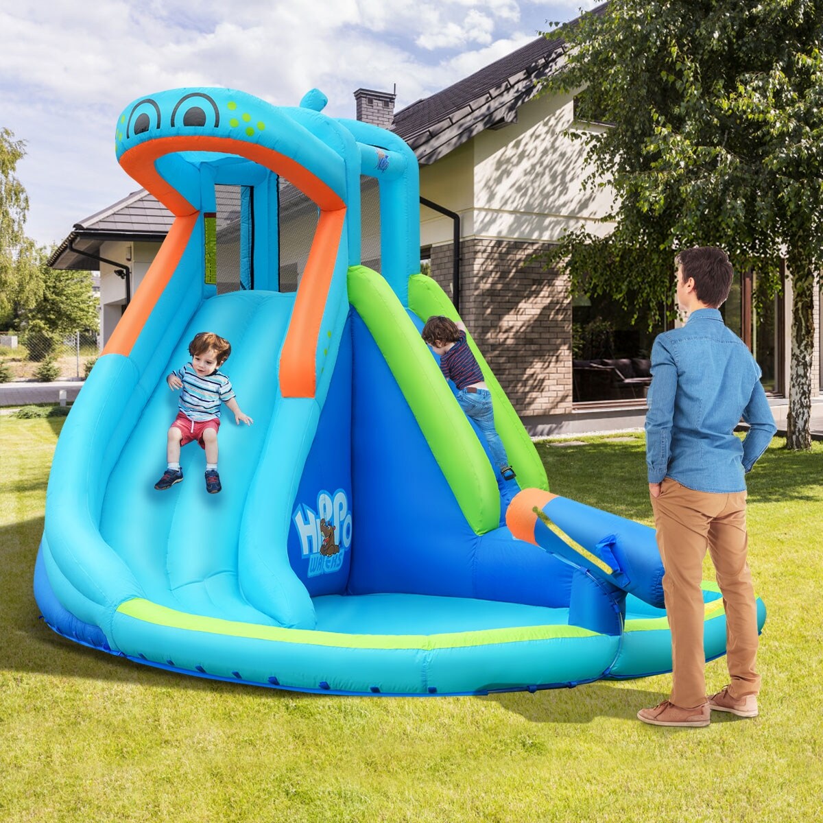 Hippo Inflatable Water Slide Bouncer With Climbing Wall Splash Pool Blue