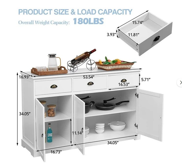 Buffet Cabinet with 3 Drawers and 3 Cabinets for Kitchen, Dining Room, and Living Room, White