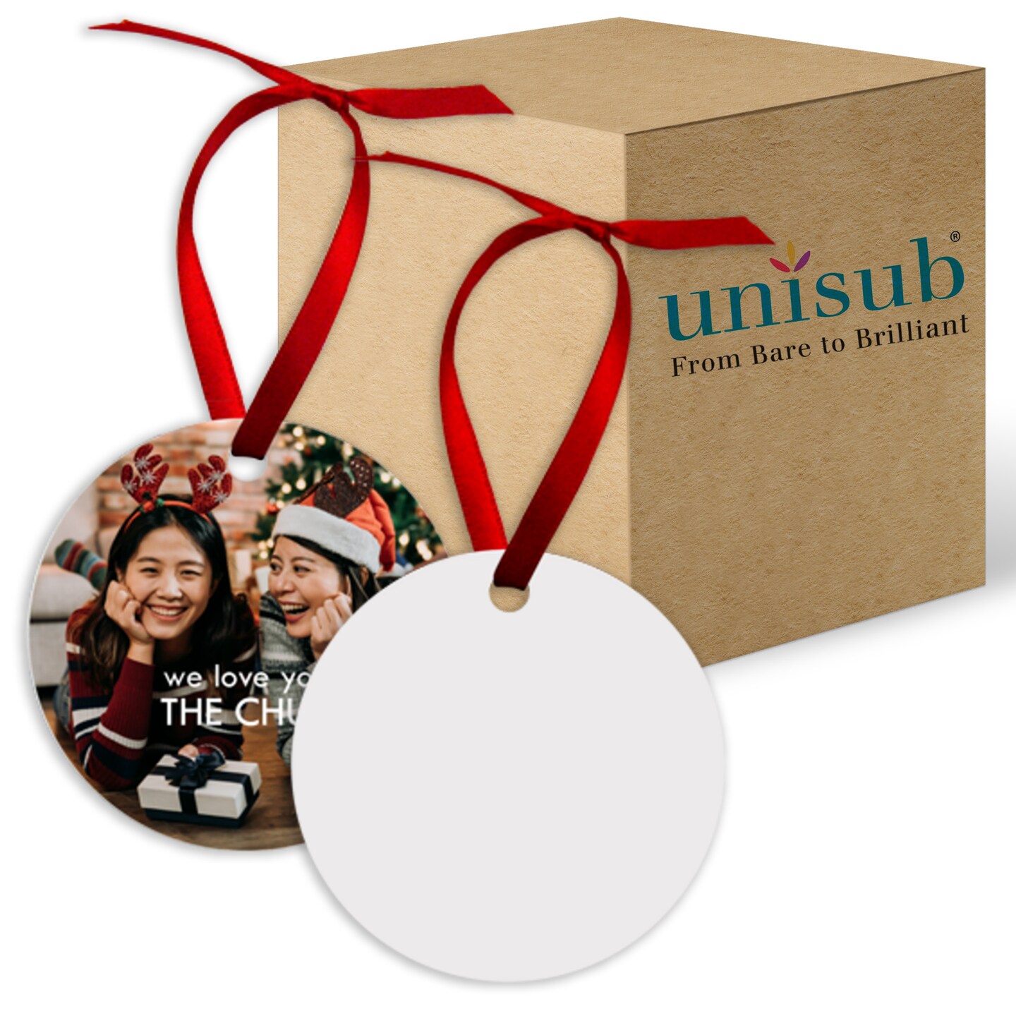 Unisub Round Sublimation Ornaments With White Ribbons White Gloss Coating  For Heat Press Personalized Christmas Sublimation Ornament Blanks For -  2.75 Metallic 1-Sided