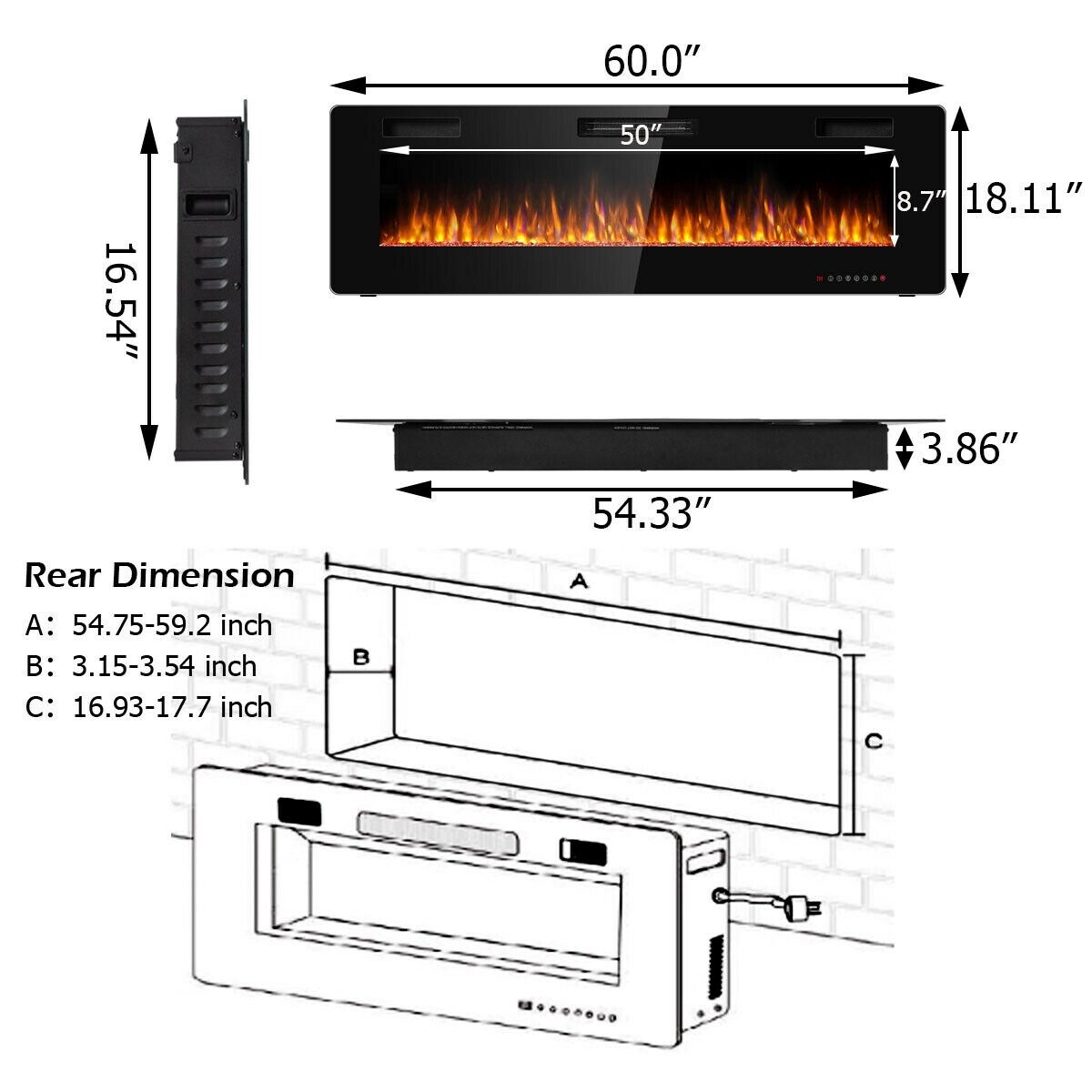 Recessed Ultra Thin Electric Fireplace Heater with Glass Appearance