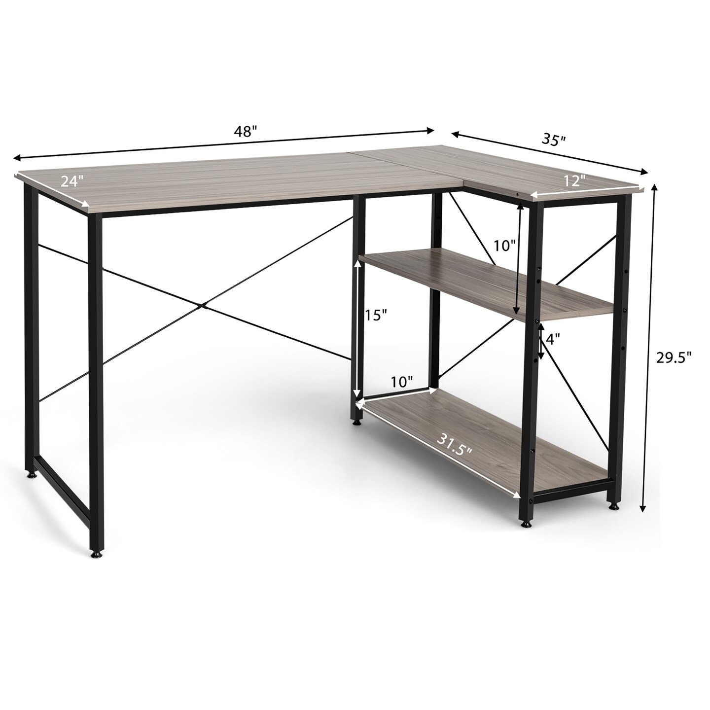 Costway 48&#x27;&#x27; Reversible L Shaped Computer Desk Home Office Table Adjustable Shelf Brown\Gray\Natural