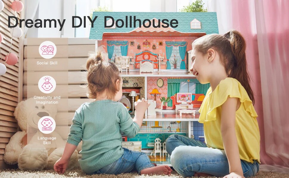 ROBUD Wooden Dollhouse for Kids Girls, with Furniture WDH01