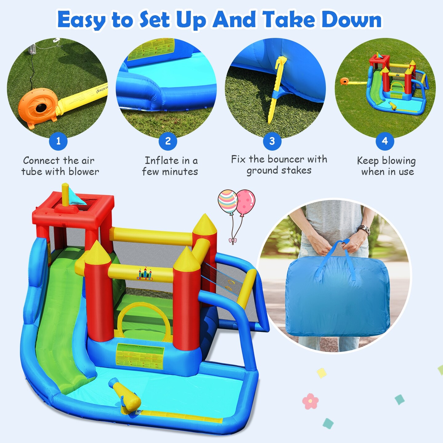 Kids 6-in-1 Inflatable Castle Slide Jump Climb Water Pool Ball Play 3-10 Years