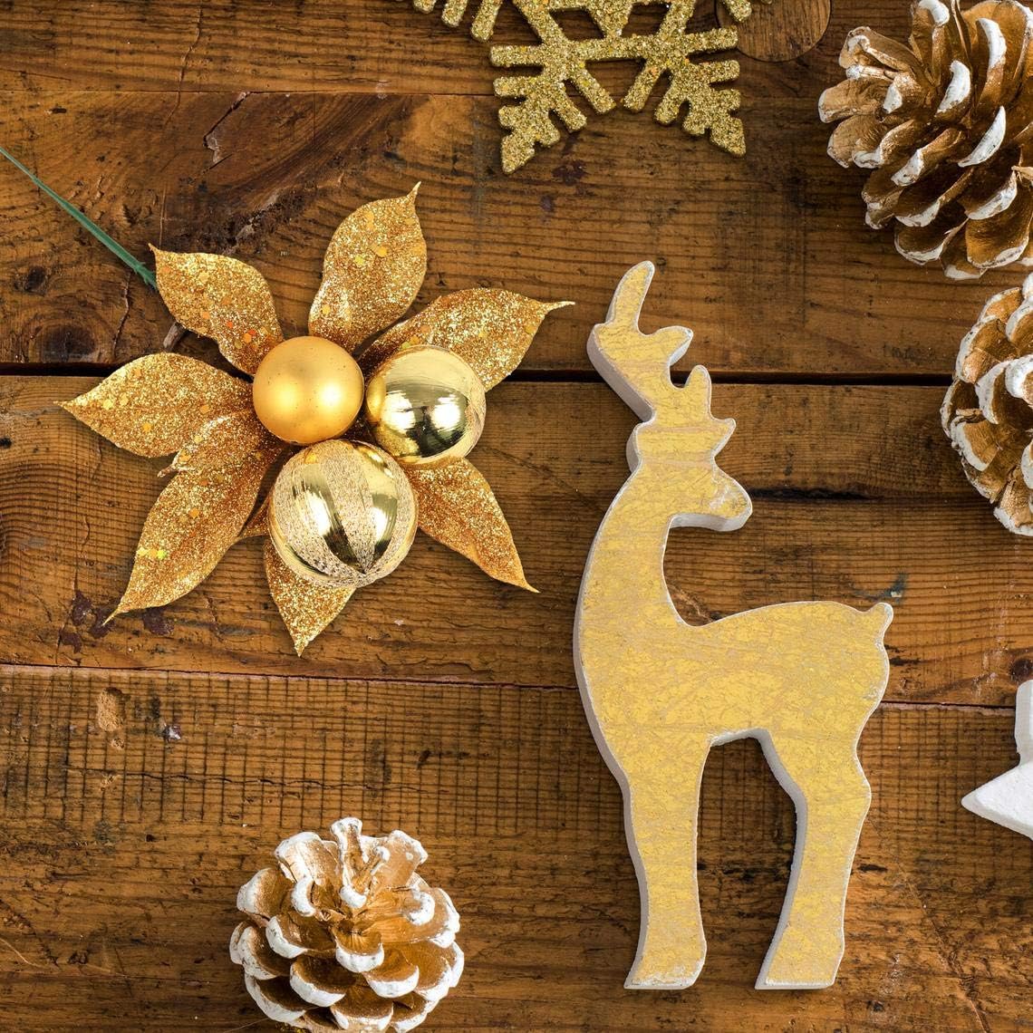 Set of 12: Sparkling Gold Glitter Poinsettia Flower Picks with 3 Ornament Balls | Festive Holiday Accents | Trees, Wreaths, &#x26; Garlands | Christmas Picks | Home &#x26; Office Decor - 2024 Christmas Collection, Floral Home by Artificial Flowers