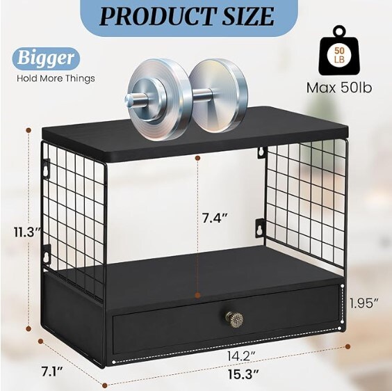 Wood Metal Floating Shelves for Bedroom, Bathroom Wall Shelf with Drawer, 2 Tier Storage, Floating Nightstand Bedside Table Shelf Wall Mounted Wall-mounted Kitchen Shelf, Coffee Bar Organizer