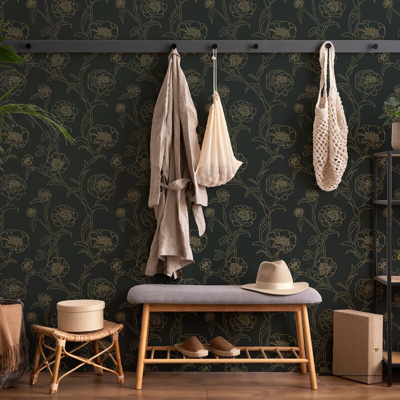 Tempaper Peonies Peel and Stick Wallpaper Black/Metallic Gold