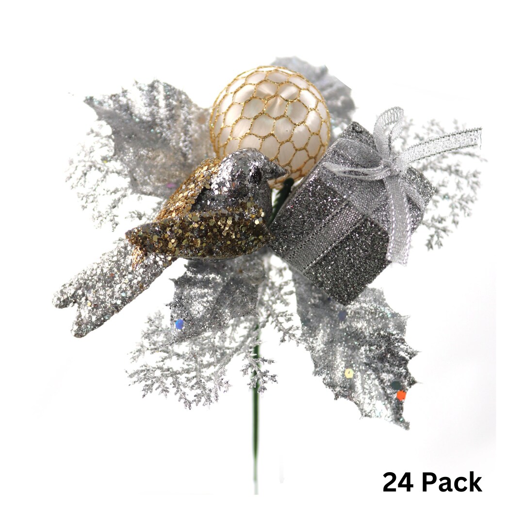 Set of 24: Traditional Silver Glitter Picks with Gift Box, Dove Bird, &#x26; Ornament Ball | Festive Holiday Decor | Trees, Wreaths, &#x26; Garlands | Christmas Picks | Home &#x26; Office Decor