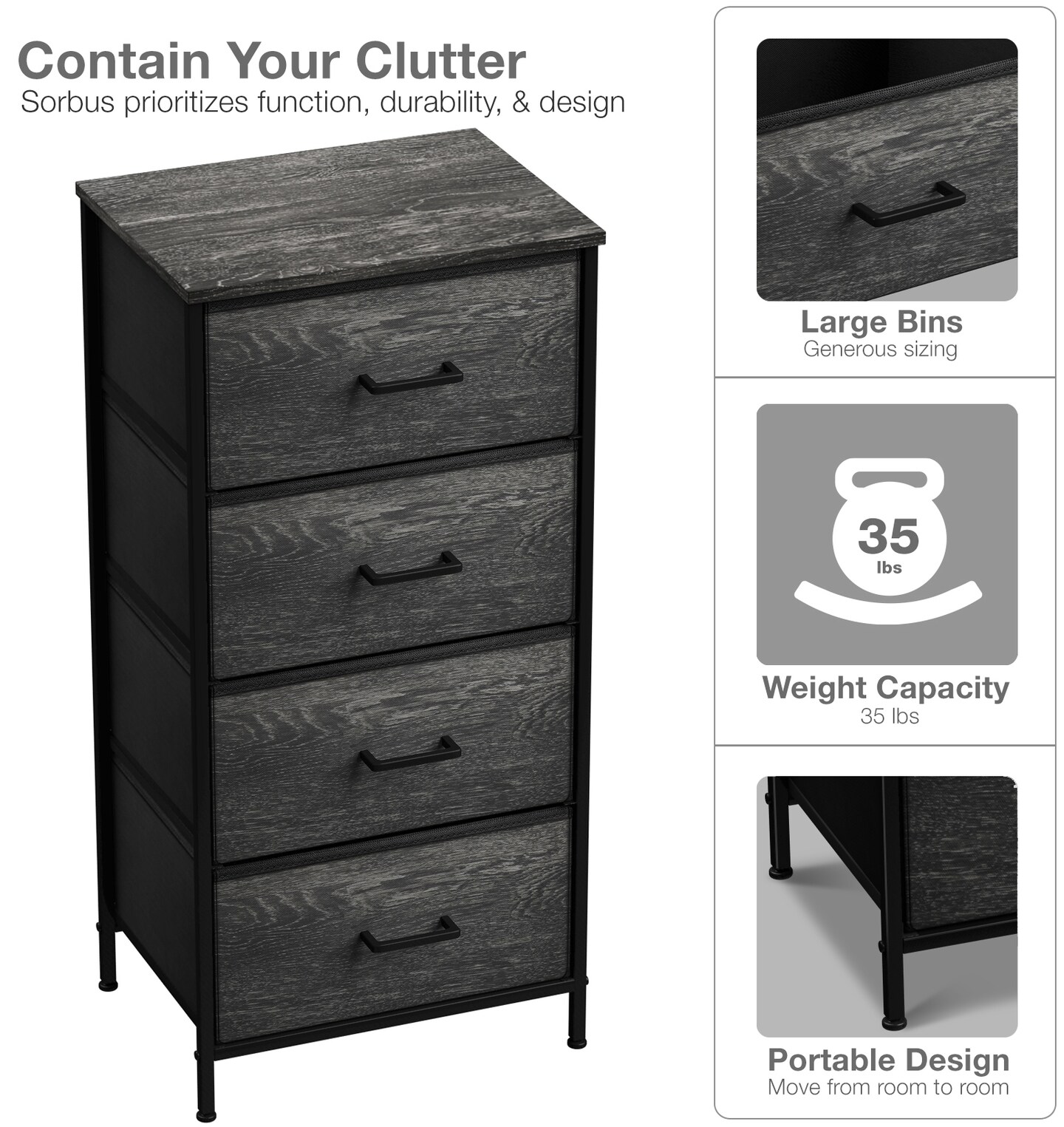 Sorbus Dresser with 4 Drawers - Bedside Furniture & Night Stand End Table Dresser with Steel Frame, Wood Top, Easy Pull Fabric Bins for Home, Bedroom Accessories, Office & Dorm