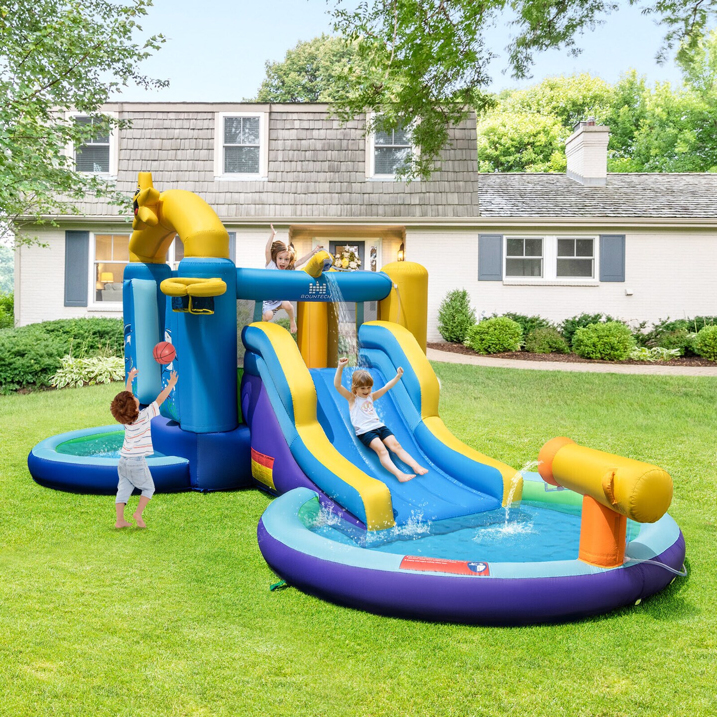 Kids Inflatable Bounce House With Slide Water Cannon Trampoline Outdoor Play
