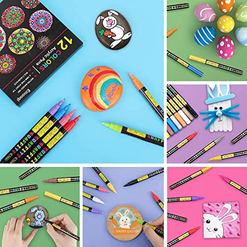 12 Colors Acrylic Paint Pens, Marker Pens for DIY Craft Projects Waterproof Paint Art Marker for Rock Painting, Ceramic, Glass,Canvas,Mug,Wood,0.7mm fine tip (12 PCS)