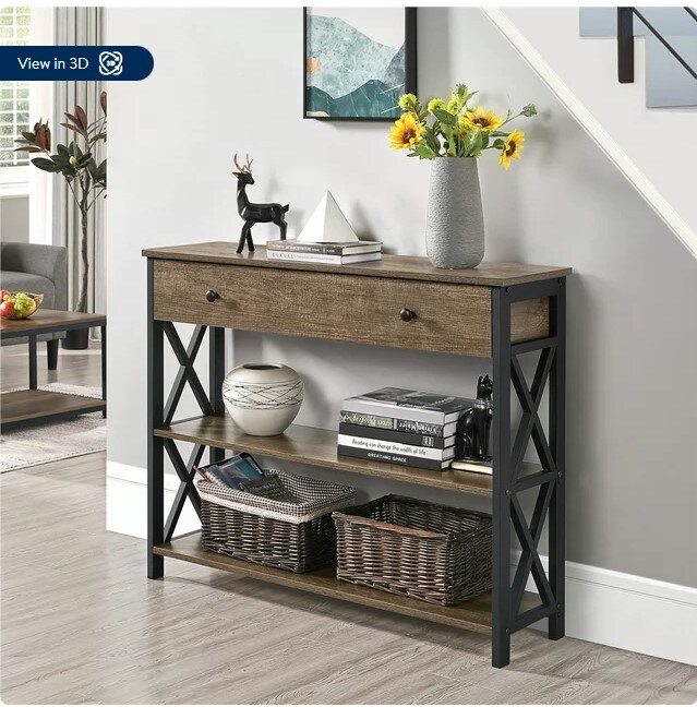 Taupe Wood with Dark Frame Console Table with 1 Drawer and 2 Shelves in Wood and Iron