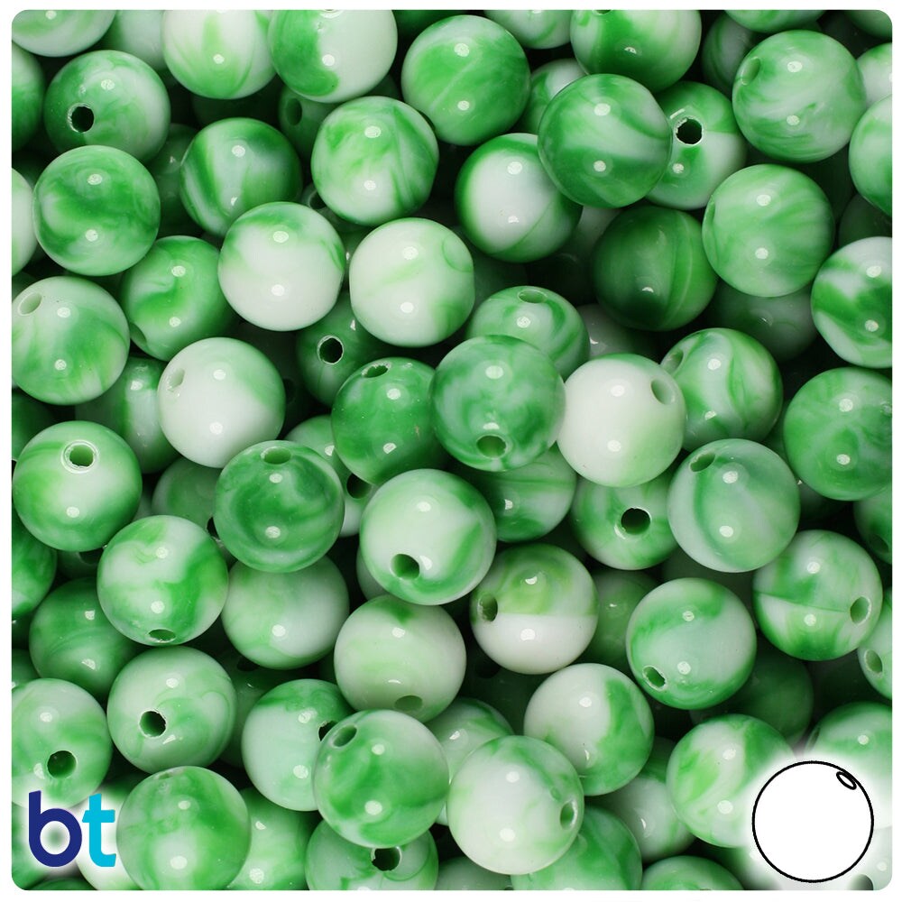 BeadTin Green Marbled 10mm Round Plastic Craft Beads (100pcs)