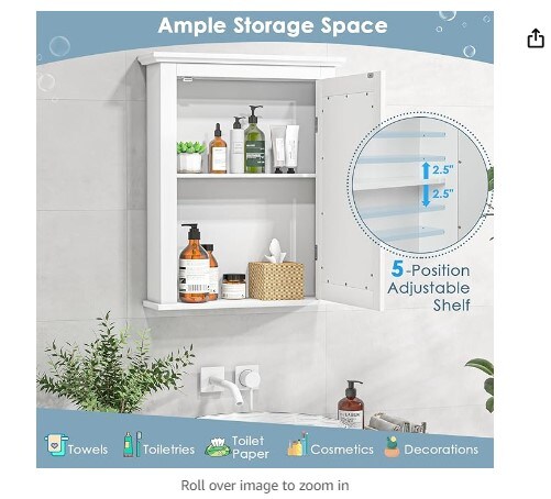 Bathroom Medicine Cabinet with Mirror and Wall Storage Hanging Bathroom Wall Cabinet with 5-Position Adjustable Shelf for Living Room Bedroom Entryway (White)