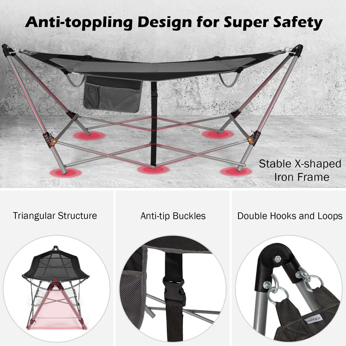 Outdoor Folding Hammock Bed with Breathable Fabric Metal Frame and Side Pocket Storage