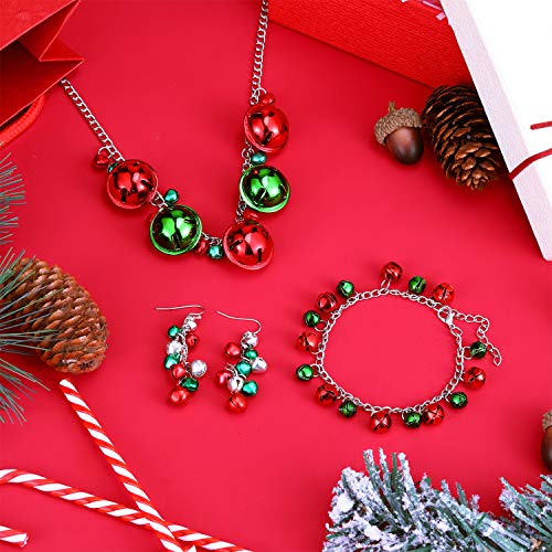 4 Pieces Christmas Bell Jewelry Set Includes Bells Necklace Bracelet Dangle Earring for Christmas Party