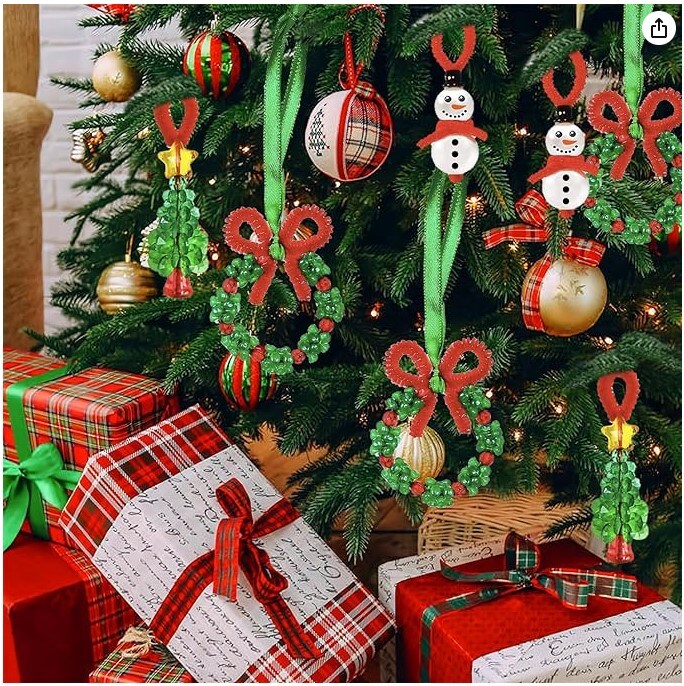 36 Pieces Christmas Crafts for Children, Beaded Ornament Kit to Make Wreath Snowman Christmas Tree Decorations Holiday Tree Party Supplies