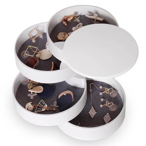 Jewelry Organizer, Small Jewelry Storage Box Earring Holder for Women, 5-Layer Rotating Travel Jewelry Tray Case with Lid for Bracelets Rings Bracelets, Gift for Women Teen Girls(White)