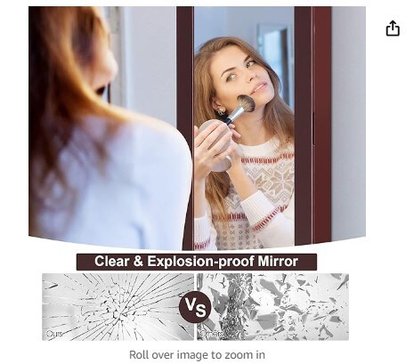 Full Length Mirror Jewelry Cabinet, Wall-Mounted Jewelry Organizer w/Makeup Mirror, Ring Slots and Necklace Hooks, Large Storage Jewelry Armoire for Bedroom, Dressing Room (Brown)