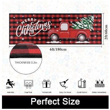 Christmas Runner Rug 2x6 Non Slip Low Pile Christmas Rug Truck in Red Christmas Tree Red and Black Buffalo Checker Plaid Xmas Carpet Floor Mat for Entryway Hallway Kitchen Bedroom