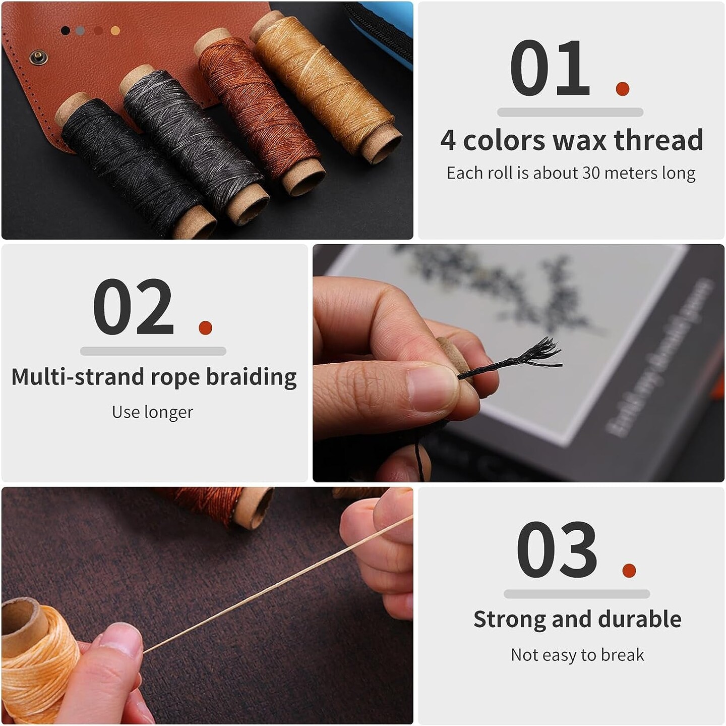 Waxed Thread Sewing Kit, Leather Stitching Kit with Large-Eye Stitching  Needles 