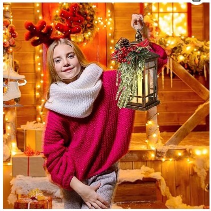 LED Christmas Lantern with Plaid Bow 14" Christmas Candle Lantern Flashing Candle Light Christmas Decorative Lanterns for Xmas Indoor Outdoor Party Decor (Bronze, Black Red Plaid, 2)
