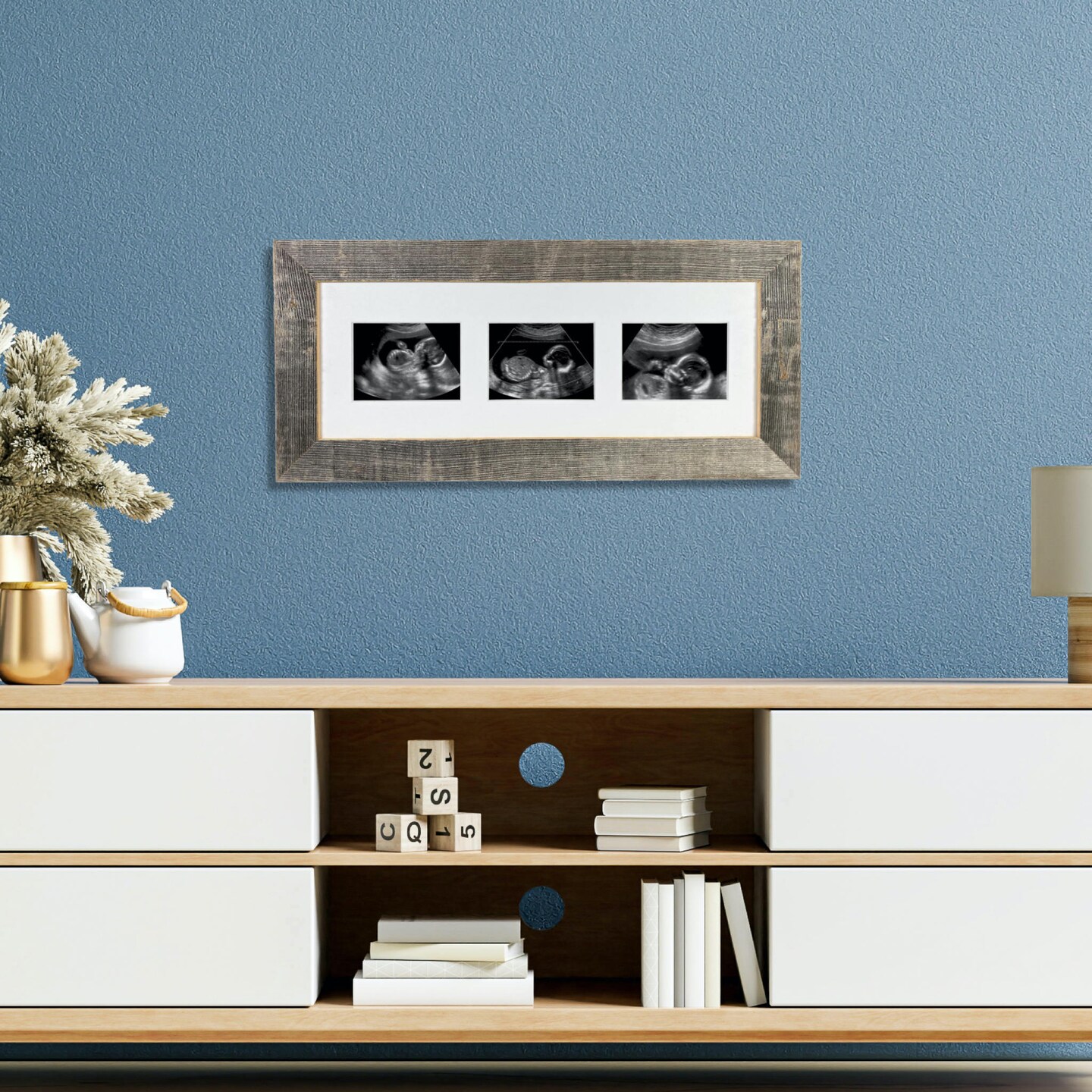 Rustic Farmhouse Sonogram Series Reclaimed Wood Picture Frame with 3 Openings for Sonogram photos