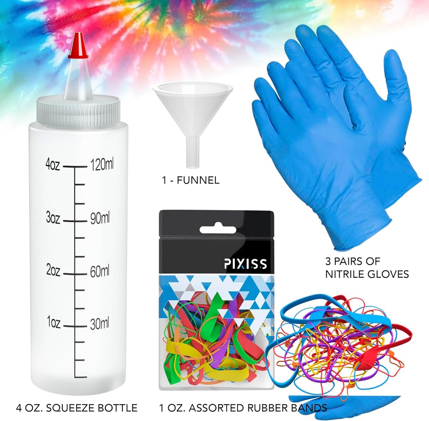 Rit Dye Accessory Kit - Navy Blue, Denim Blue, Royal Blue, Black, Pixiss Tie Dye Accessories Bundle with Rubber Bands, Gloves, Funnel and Squeeze Bottle - Vibrant Fabric Dye Kit for DIY Projects