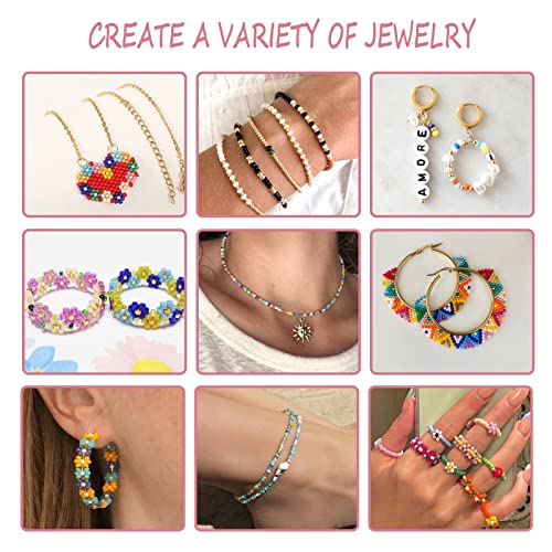 35000 pieces 2mm Glass Seed Beads for Jewelry Making Kit, 250pcs Alphabet Letter Beads, Tiny Beads Set for Bracelets Making, DIY, Art and Craft with Rolls of Elastic String Cord, Charms and Rings