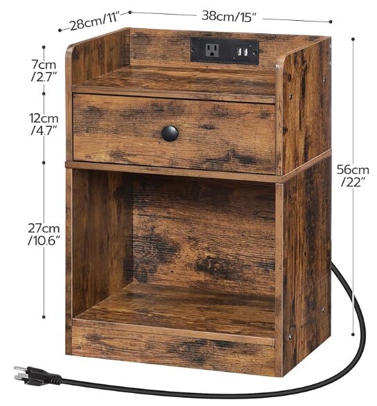 Nightstand with Charging Port End table made of wood with a drawer and an opening shelf. Side Table with USB Ports and Outlets, Bedroom Bedside Table, Simple Design, Brown rust
