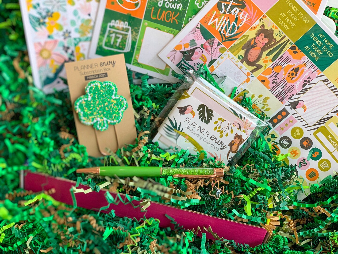 St Patricks Day, Jungle Animals, and Tropical Green Flowers Themed Box Of Planner Stickers &#x26; Accessories (#SUB2021003)