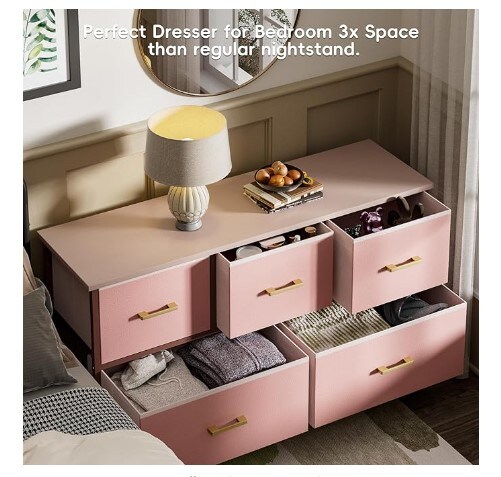 5 Drawers Dresser for Bedroom, Pink Dresser with Fabric Drawers, Chest of Drawers with PU Finish, Metal Handle, Storage Organizer Unit for Closet, Kids Room, Living Room, Tv Stand up to 43&#x27;&#x27;, Pink