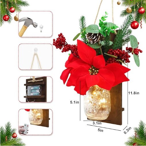2 Pieces Christmas Mason Jar Wall Decor, Handmade Rustic Wall Sconces with Remote Control LED Fairy Lights and Red Berry Flowers, Hanging Mason Jar for Xmas Farmhouse Wall Home Decor