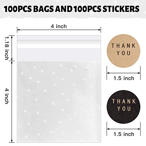 100 PACK Self Adhesive Cookie Bags Cellophane Treat Bags Thank You Candy Bags for Gift Giving with Stickers(White Polka Dot,4x4 INCH)