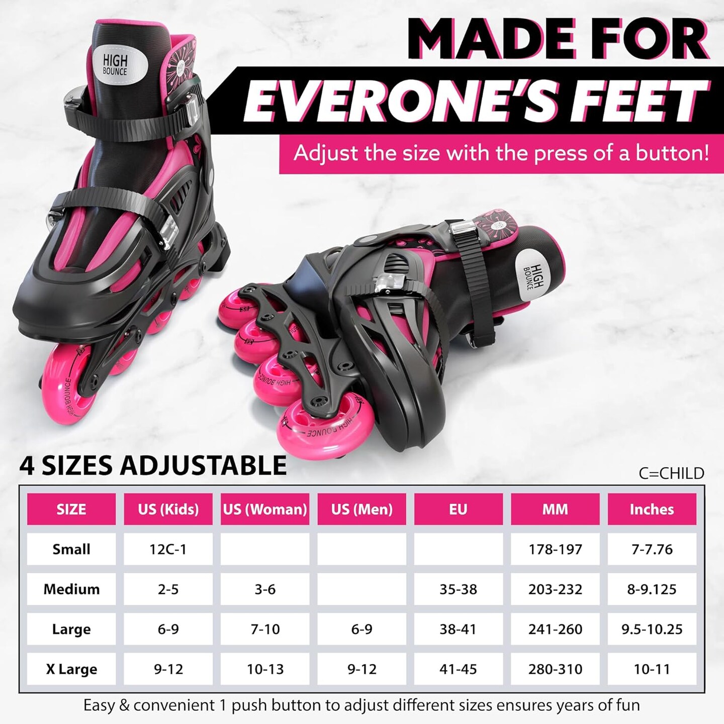 High Bounce Inline Skates for Girls and Boys, Roller Skates with Gel Wheels Adjustable Sizing for Adults and Kids, Inline Skates for Adult Female, Male, Lightweight Roller Skates