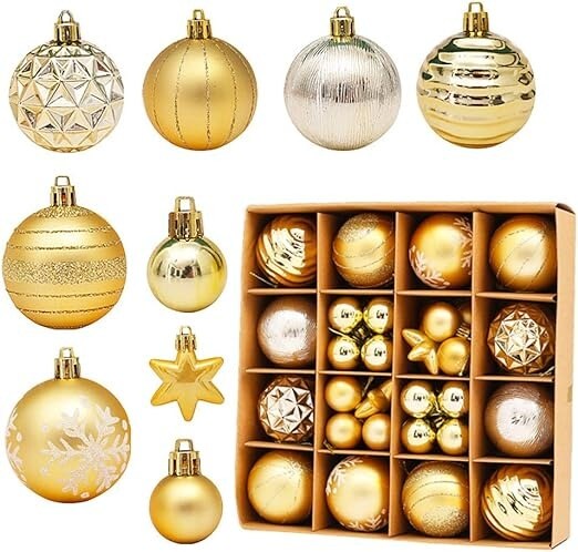 Gold 44Pcs Mixed Christmas Balls for Tree Ornament and Home Decoration