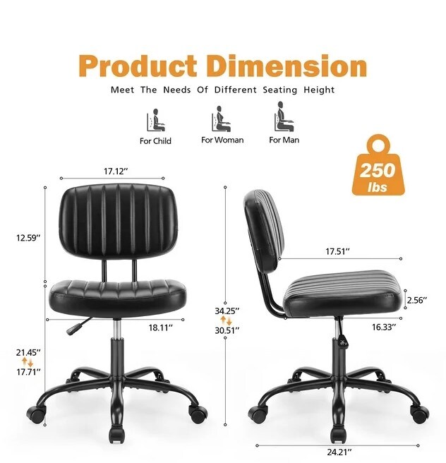 Armless Desk Chair, Adjustable Height Rolling Swivel Computer Task Chair without Arm for Small Space, Small Home Office Chair with Wheels and Lumbar Support