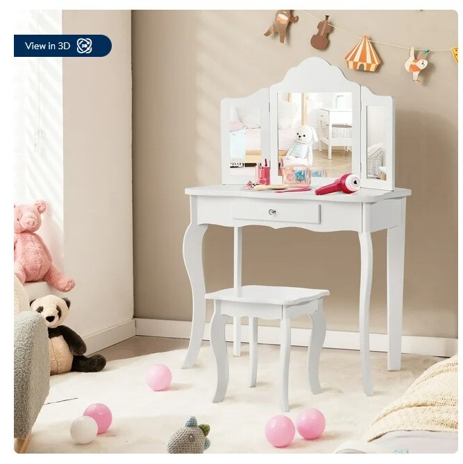Makeup Dressing Table Kids Stool Mirror Vanity Table Set