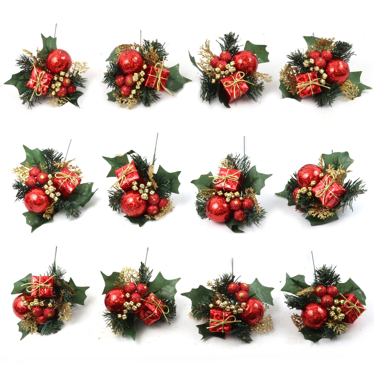 Set of 24: Traditional Red &#x26; Gold Holly Pick with Gift Box, Berries, &#x26; Ornament Balls | Festive Accents | Christmas Picks | Party &#x26; Event | Home &#x26; Office Decor