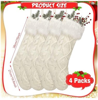 15 Inch Farmhouse Knit Christmas Stockings 4 Pieces Cable Knitted Christmas Stocking Bulk Knit Stockings in Black and White with Plush Faux Fur for the Family Holiday Fireplace